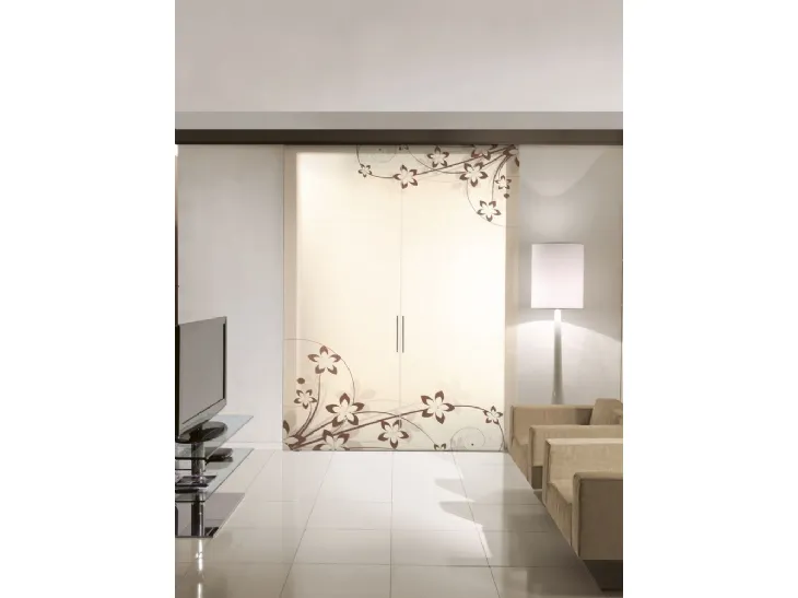 Porta per interni scorrevole in vetro temperato acidato Bronzato con serigrafia Flower Moka Fantomas 025 di Unico Italia