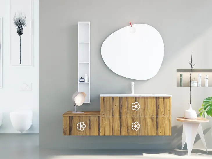 Mobile da Bagno sospeso in legno con maniglia in metallo a forma di fiore Linea LN21 di Arteba