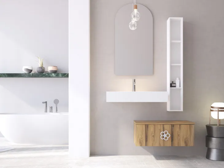 Mobile da Bagno sospeso in legno con maniglia in metallo a forma di fiore Linea LN22 di Arteba