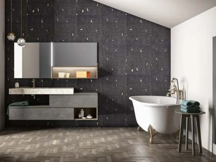 Mobile da bagno sospeso in laccato metallico e rovere con top in gres effetto marmo Memento 03 di Birex