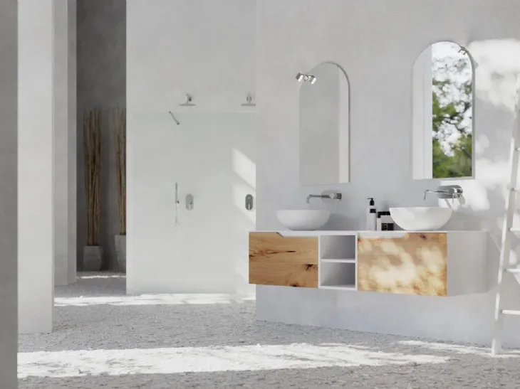 Mobile da bagno sospeso in legno e laccato bianco Rustech RT02 di Arteba