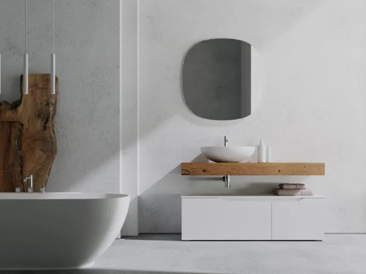 Mobile da bagno a terra in laccato bianco opaco con top in Rovere Rustech RT06 di Arteba