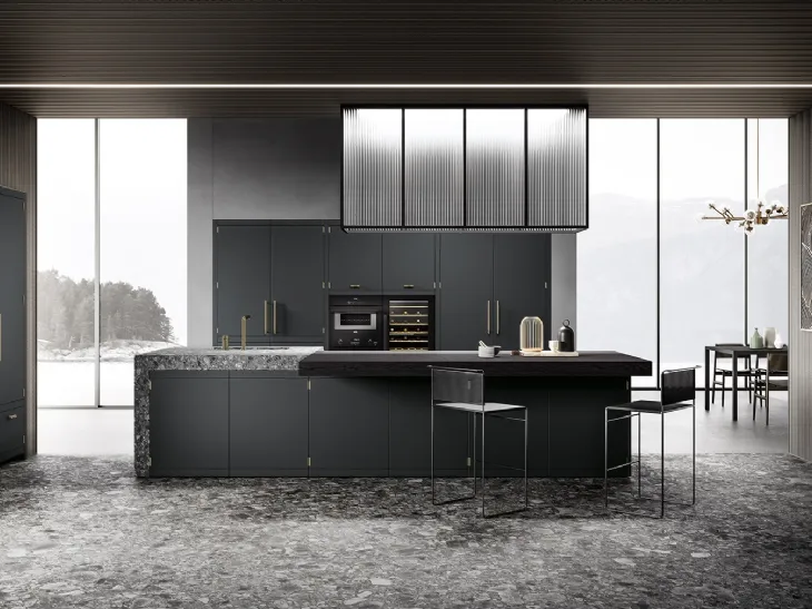 Cucina Design lineare in laccato opaco grigio e finiture in ottone Anuba di Miton