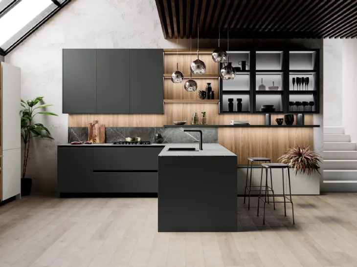Cucina Design angolare in laccato opaco grigio e top in gres Menta 03 di Miton