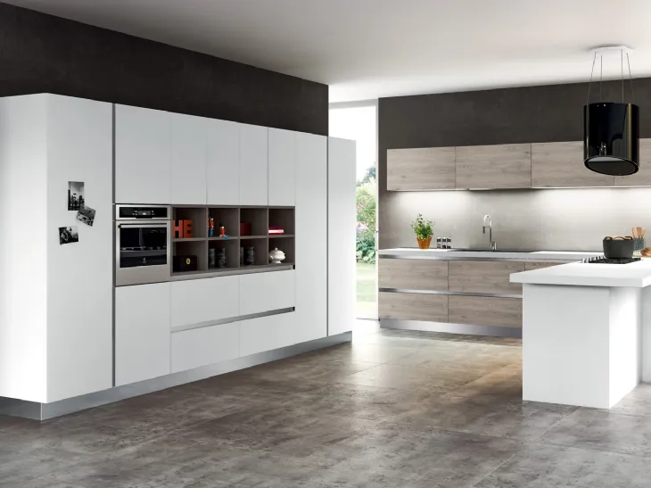 Cucina Moderna con penisola Avantgarde in laminato fenix Bianco e Rovere di Atra Cucine