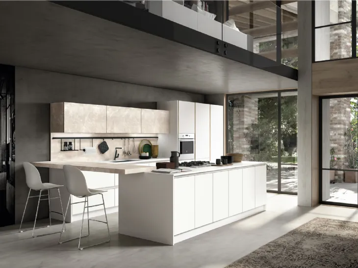 Cucina Moderna con isola e penisola Lab in laminato Bianco Shiky e Botticino di Atra Cucine