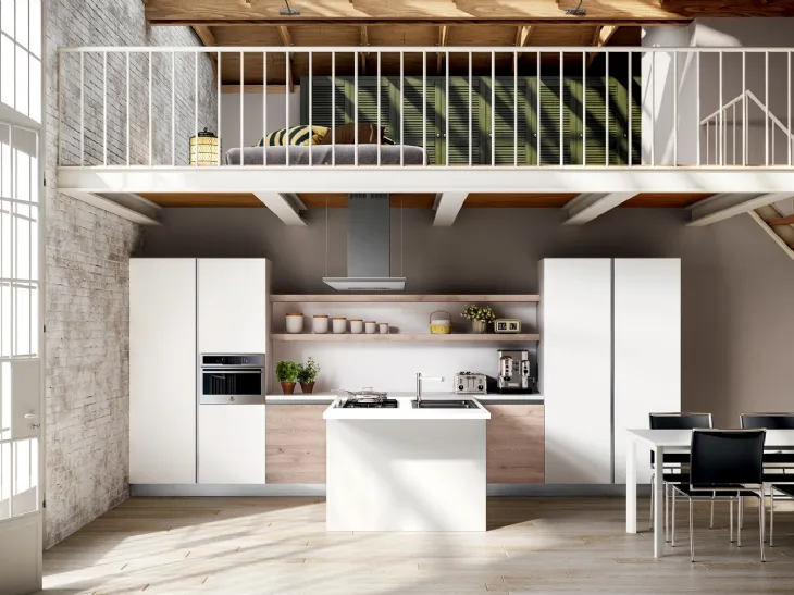 Cucina Moderna Avantgarde con penisola in laminato Fenix Bianco e Rovere naturale di Atra Cucine