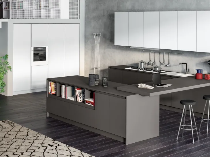 Cucina Moderna con penisola Avantgarde in laminato fenix Grigio Londra e Bianco di Atra Cucine