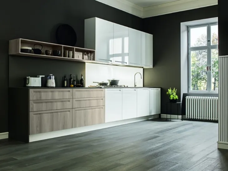 Cucina Moderna lineare in laccato bianco lucido e olmo grigio Luce 05 di Mobilegno