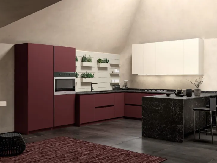 Cucina Moderna angolare con penisola System 22 Rosso Jaipur e Bianco di Atra Cucine