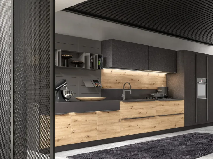 Cucina Moderna lineare Systen 22 in melaminico Artysan Oak e laminato Pietra Nera di Atra Cucine