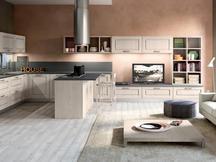 Cucina su misura angolare con penisola Maya in Frassino massello finitura Tortora di Atra Cucine