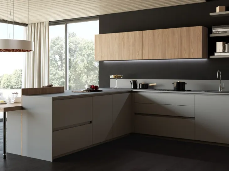 Cucina Design angolare in laminato HPL e in bilaminato legno in finitura Noce Menta 06 di Miton